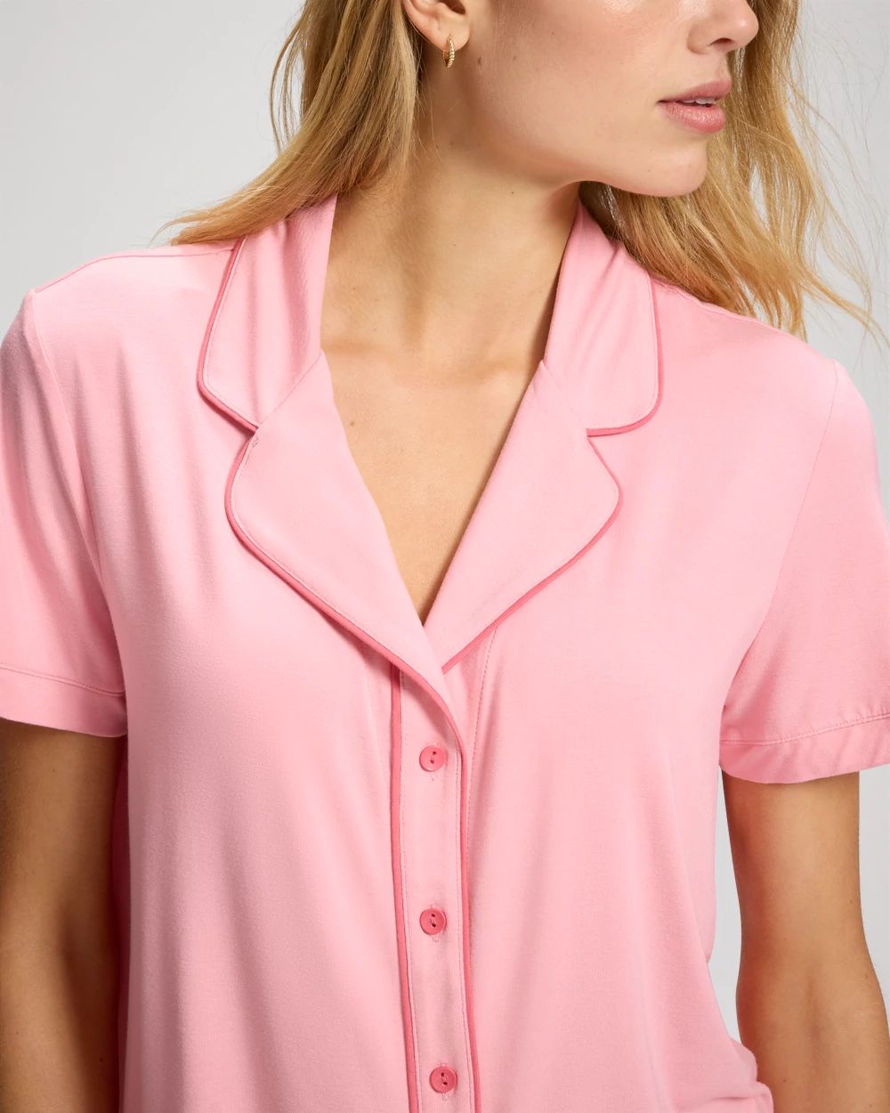 シャローム shalomclub トップス ピンク Piped Short Sleeve Notch Collar Pajama Top | Soma